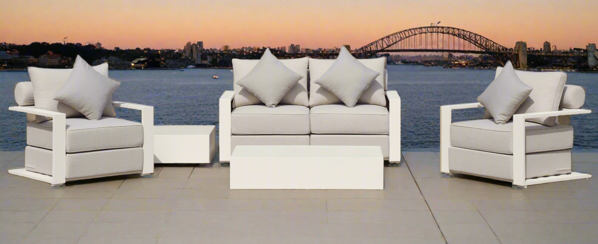 Executive 5 Piece Sofa Set: White Hampton Style with Industrial Aluminium Frame and Element-Resistant Fabric