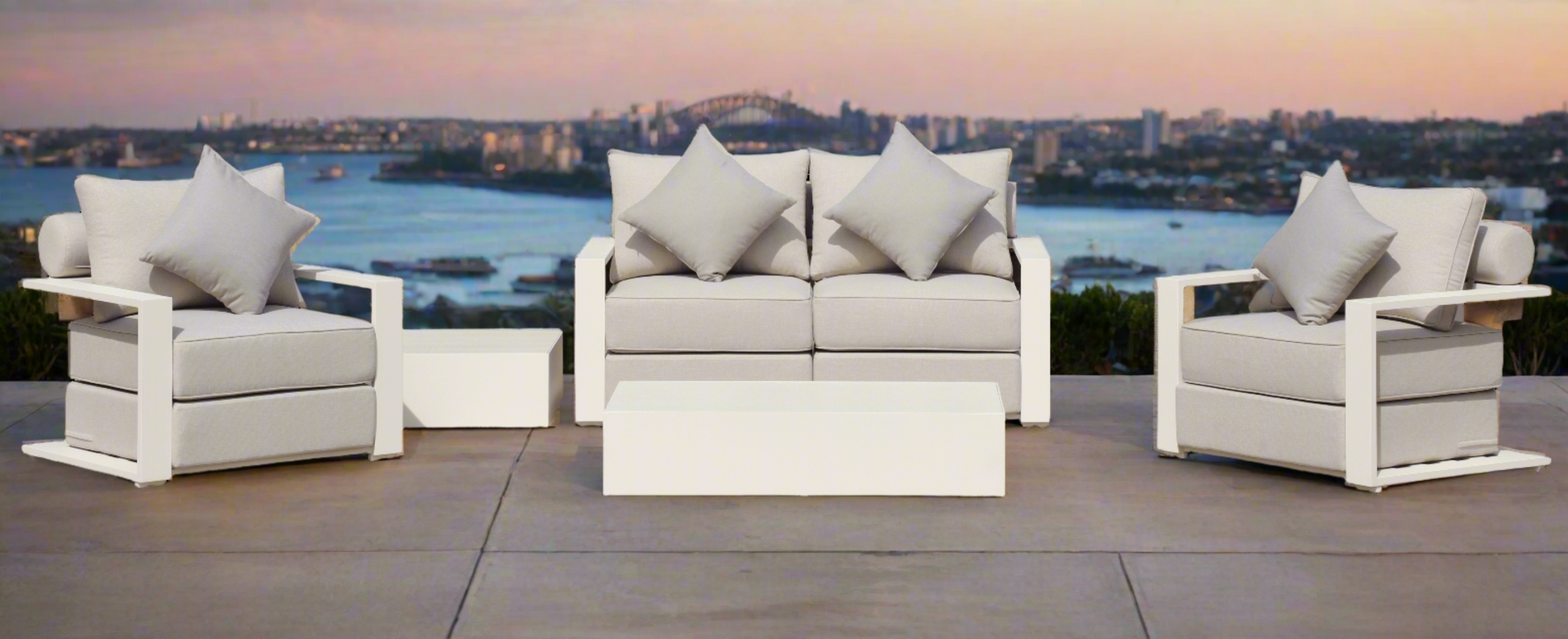 Executive 5 Piece Sofa Set: White Hampton Style with Industrial Aluminium Frame and Element-Resistant Fabric